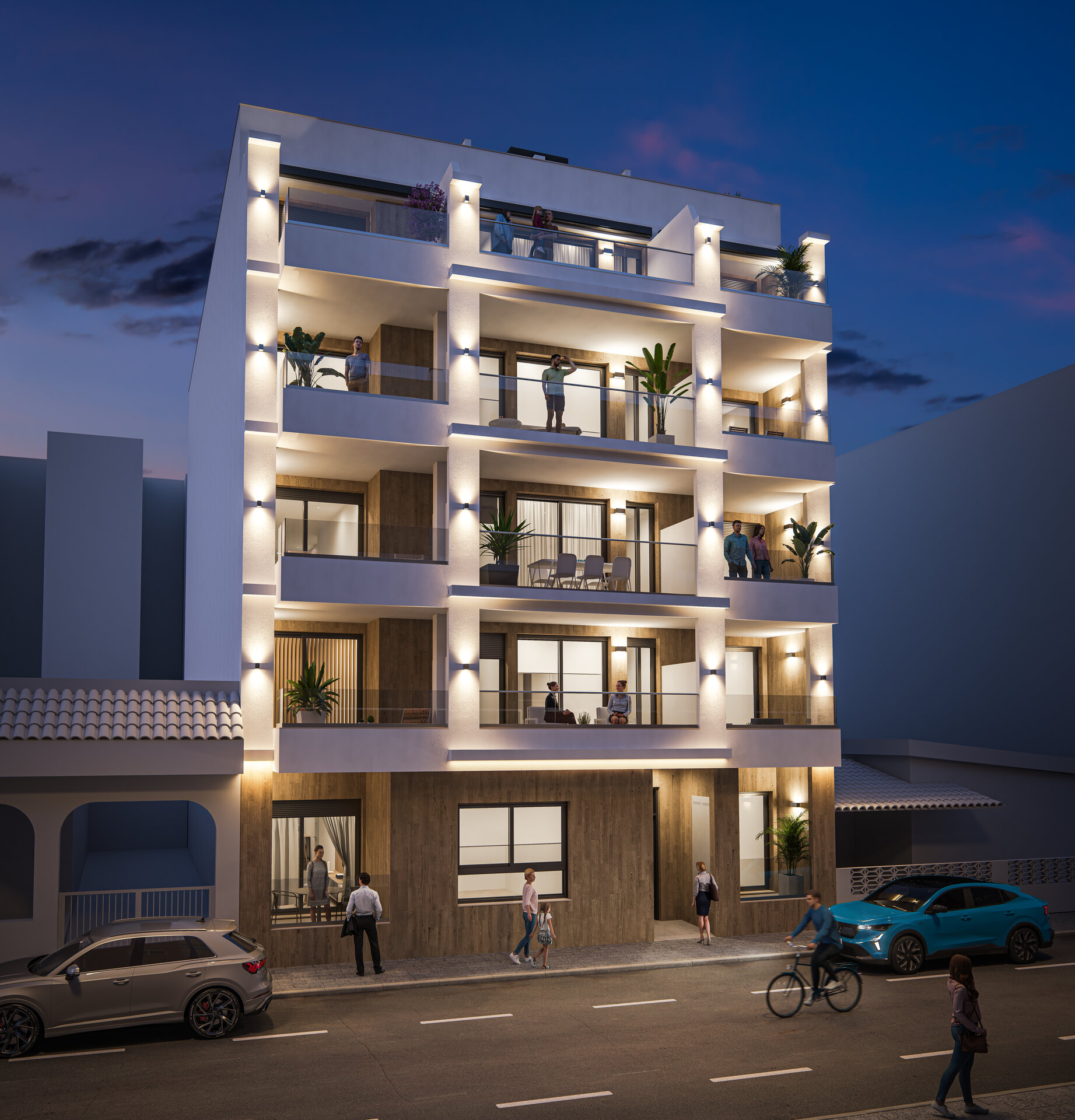 Edificio Altea VI — building façade illuminated at dusk