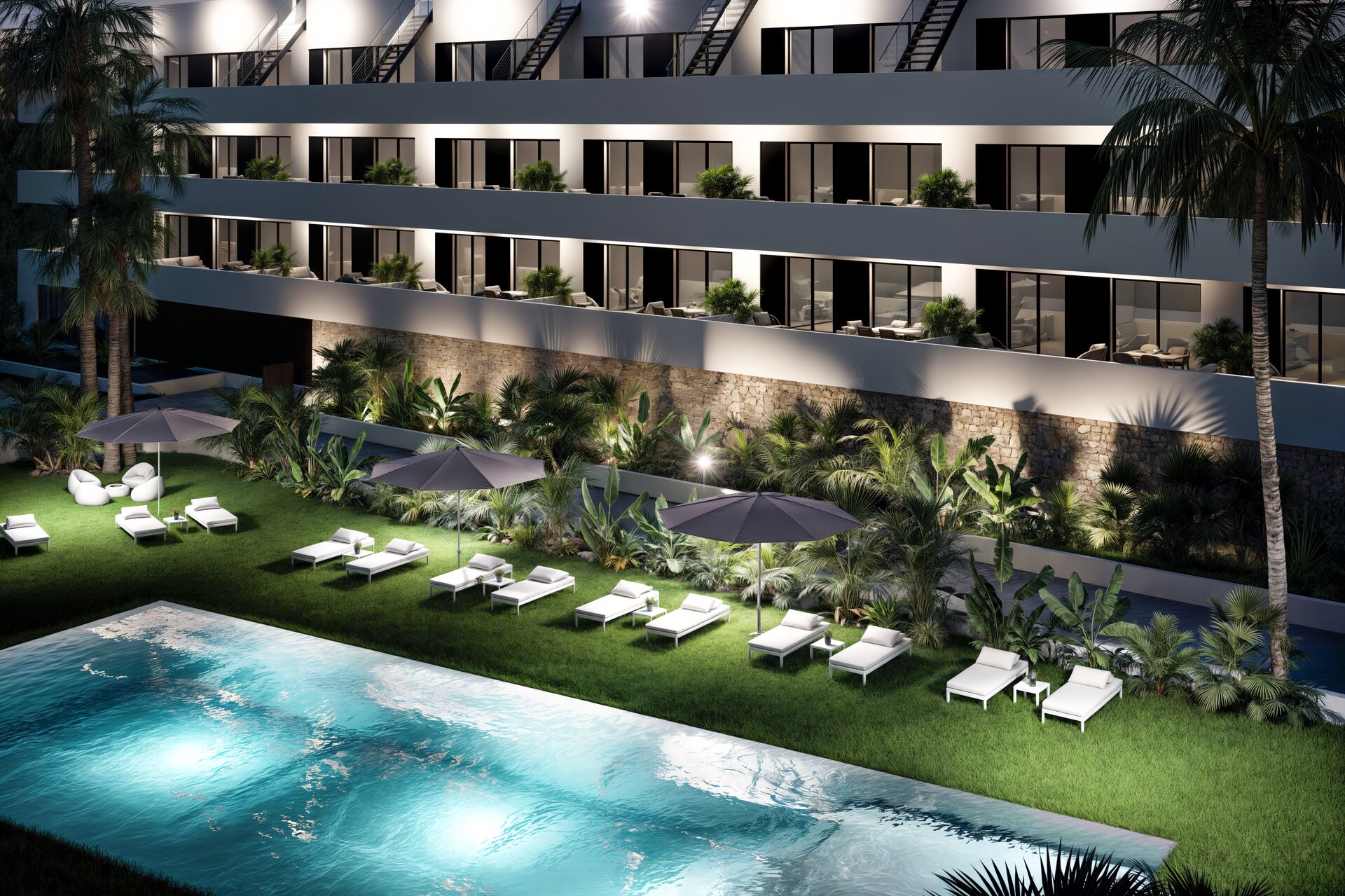 My White Resort — pool and terraces at night