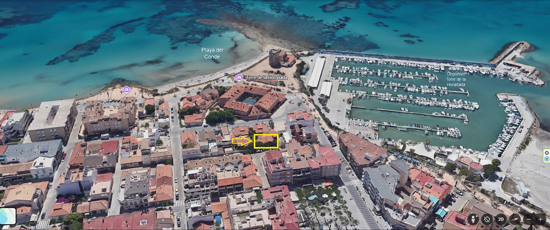O-Porto Beach — aerial location, next to marina and Playa del Conde