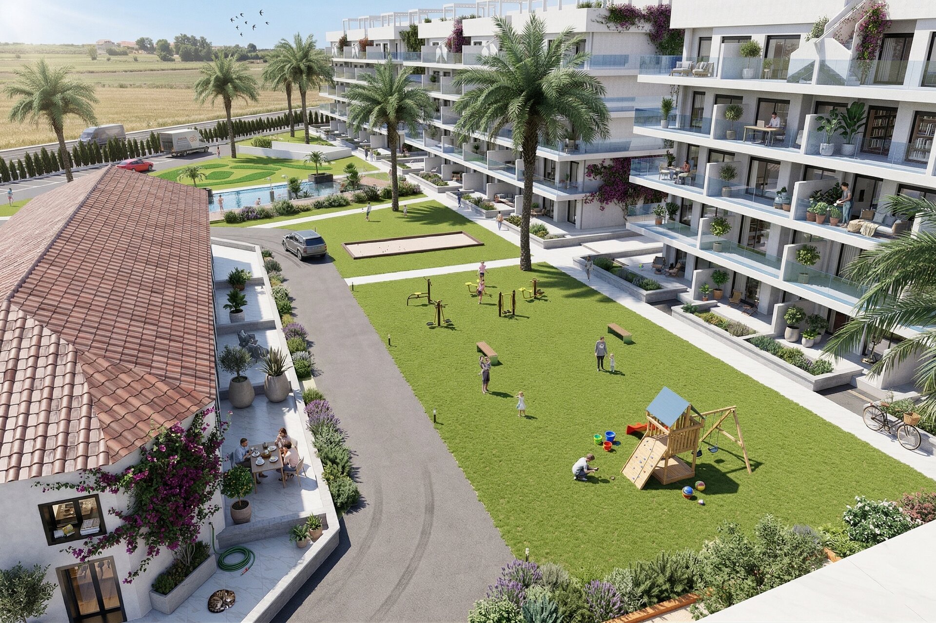 Oasis Garden — communal pool and terraces
