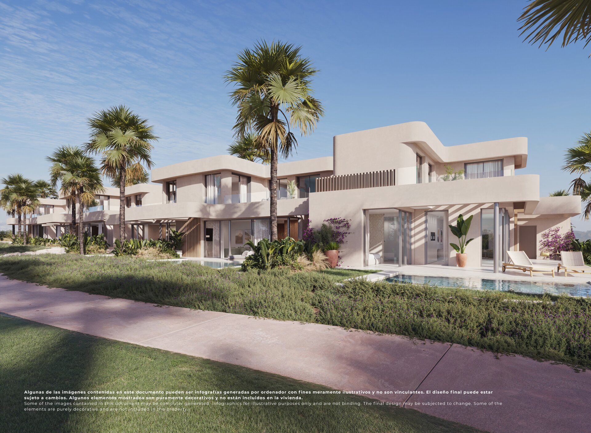 Six Nature Villas — the villas seen from the garden side, each with its own pool