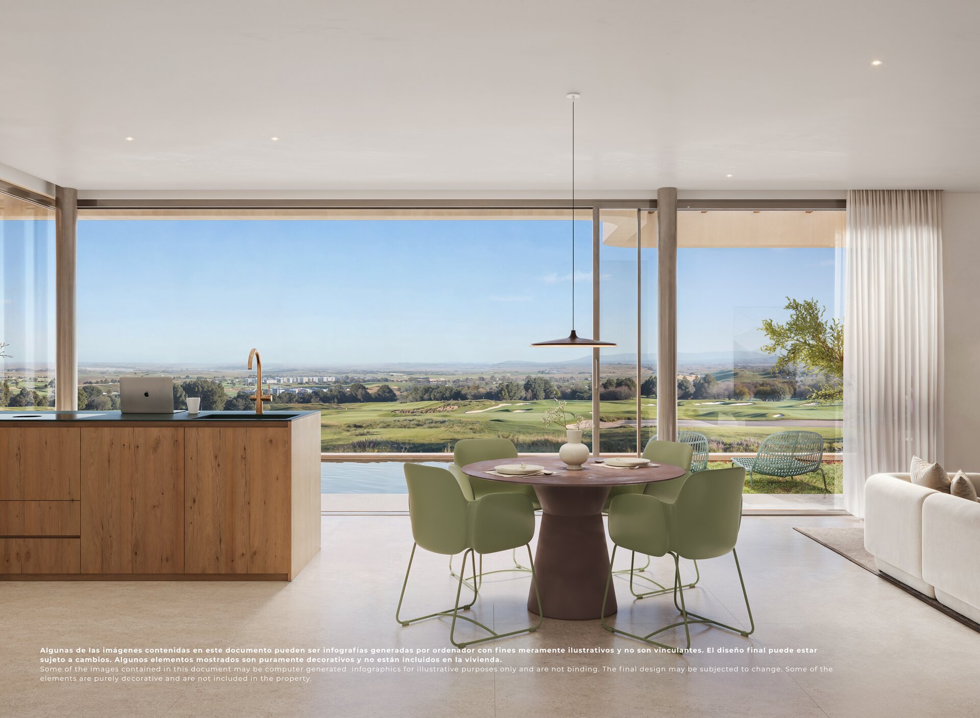 Six Nature Villas — living and dining with the golf course beyond