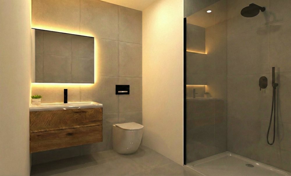 Warm grey finish — bathroom render