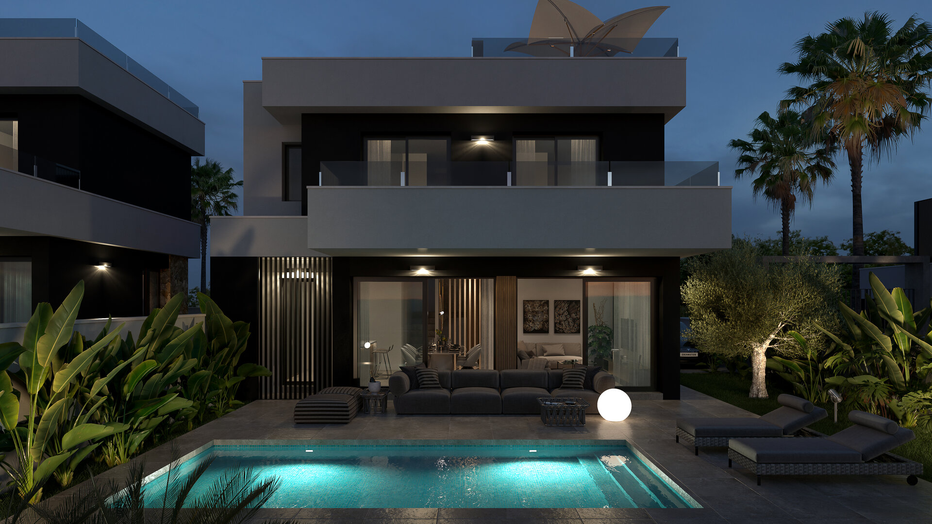 Lo Marabú Villas — two-storey villa at dusk