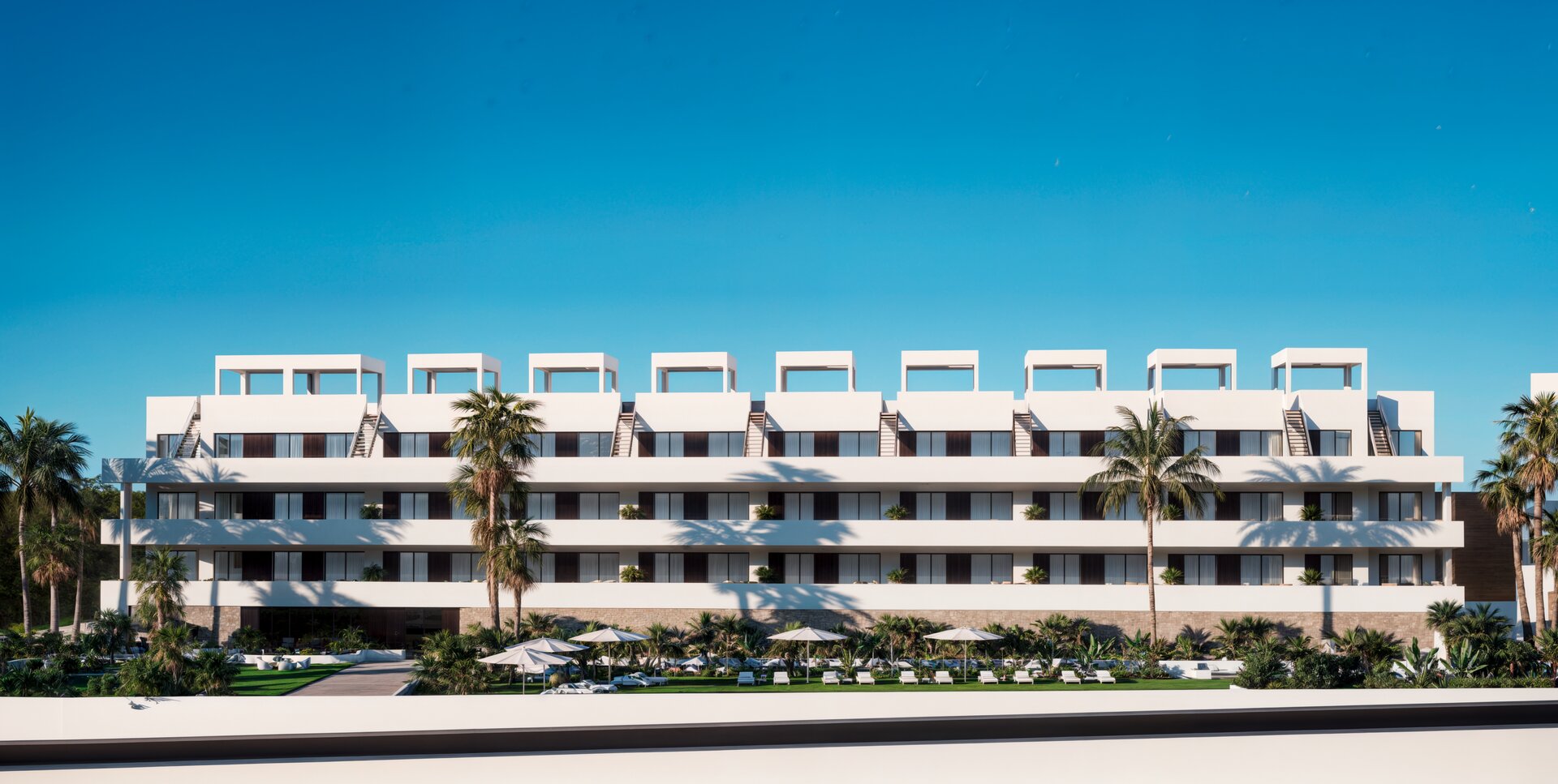 Front facade with palm trees