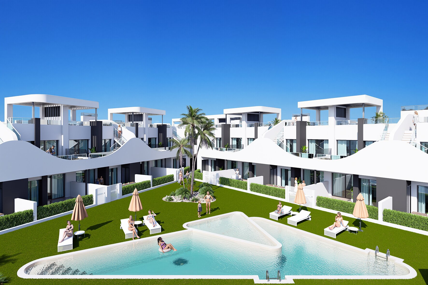 Residencial Saito — aerial view of pool and gardens render