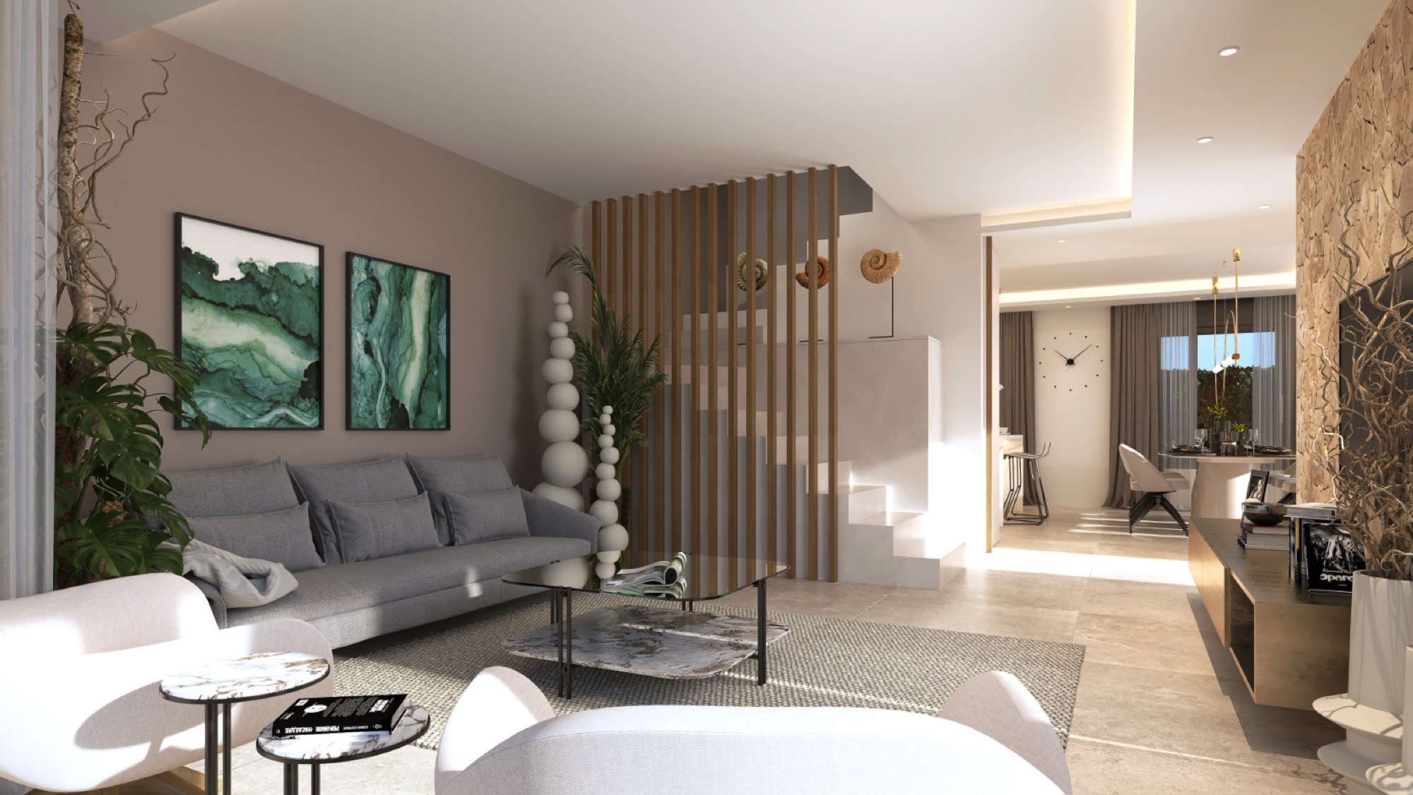 Open-plan living room — stone TV wall